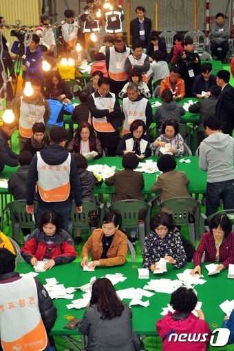 4.12 재·보궐선거가 치뤄진 12일 오후 경북 상주체육관에서 선거관리위원회 관계자들이 경북 상주,군위,의성, 청송 국회의원 보궐선거 개표를 하고 있다. 2017.4.12/뉴스1 ⓒ News1 이종현 기자