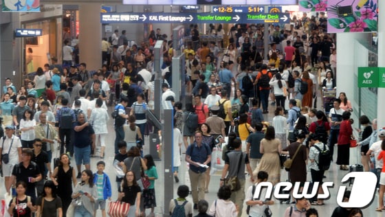 본격 휴가철이 시작된 21일 오전 인천국제공항 출국장 면세점이 인파로 북적거리고 있다. 인천국제공항공사는 올 하계 성수가(7월15일~8월15일)에 인천공항 이용객을 684만명으로 예측했다. 이 기간 하루 평균 18만 4,834명이 인천공항을 이용할 것으로 전망, 이는 역대 가장 많은 수준이다. 2017.21/뉴스1 ⓒ News1 황기선 기자