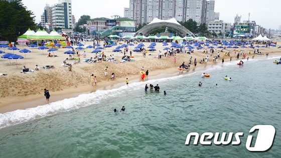 7일 개장한 강원도 속초해수욕장을 찾은 피서객들이 흐린 날씨에도 물놀이하며 즐거운 시간를 보내고 있다. 이날 강릉 경포, 양양 낙산해수욕장 등도 함께 개장해 본격적인 운영에 들어갔다. 2017.7.7/뉴스1 ⓒ News1 고재교 기자