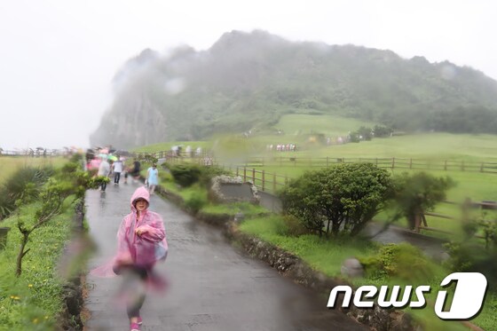 관광객들이 우의를 입고 제주 서귀포시 성산일출봉을 탐방하고 있다. ⓒ News1