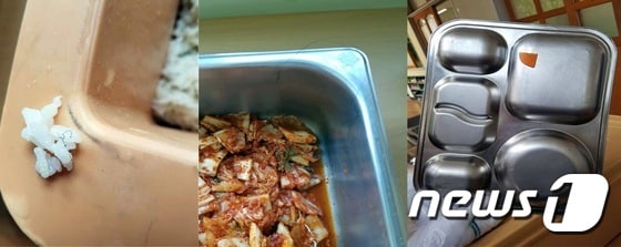 광주의 한 초등학교가 급식을 외부 위탁업체로 바꾸면서 음식에서 철 수세미와 파리가 나오는 등 위생문제가 불거져 학부모들이 반발하고 있다. 사진 왼쪽부터 밥에서 나온 철수세미, 김치 식판에서 나온 머리카락, 식판 뒤에 붙어 있는 음식물.(H초 학부모 제공)2017.9.11/뉴스1 ⓒ News1 박준배 기자