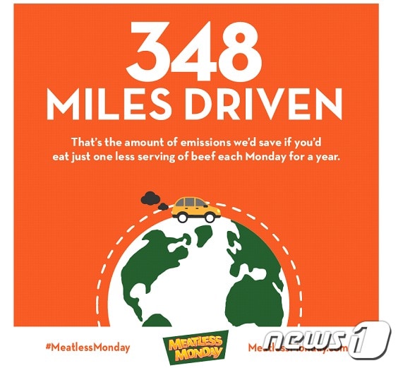 일년 동안 일주일에 하루 육식을 하지 않거나 줄이면 560km(348마일)의 거리를 운전할 때 발생하는 온실가스를 줄일 수 있다는 내용의 '고기없는월요일' 캠페인 포스터. ⓒ News1