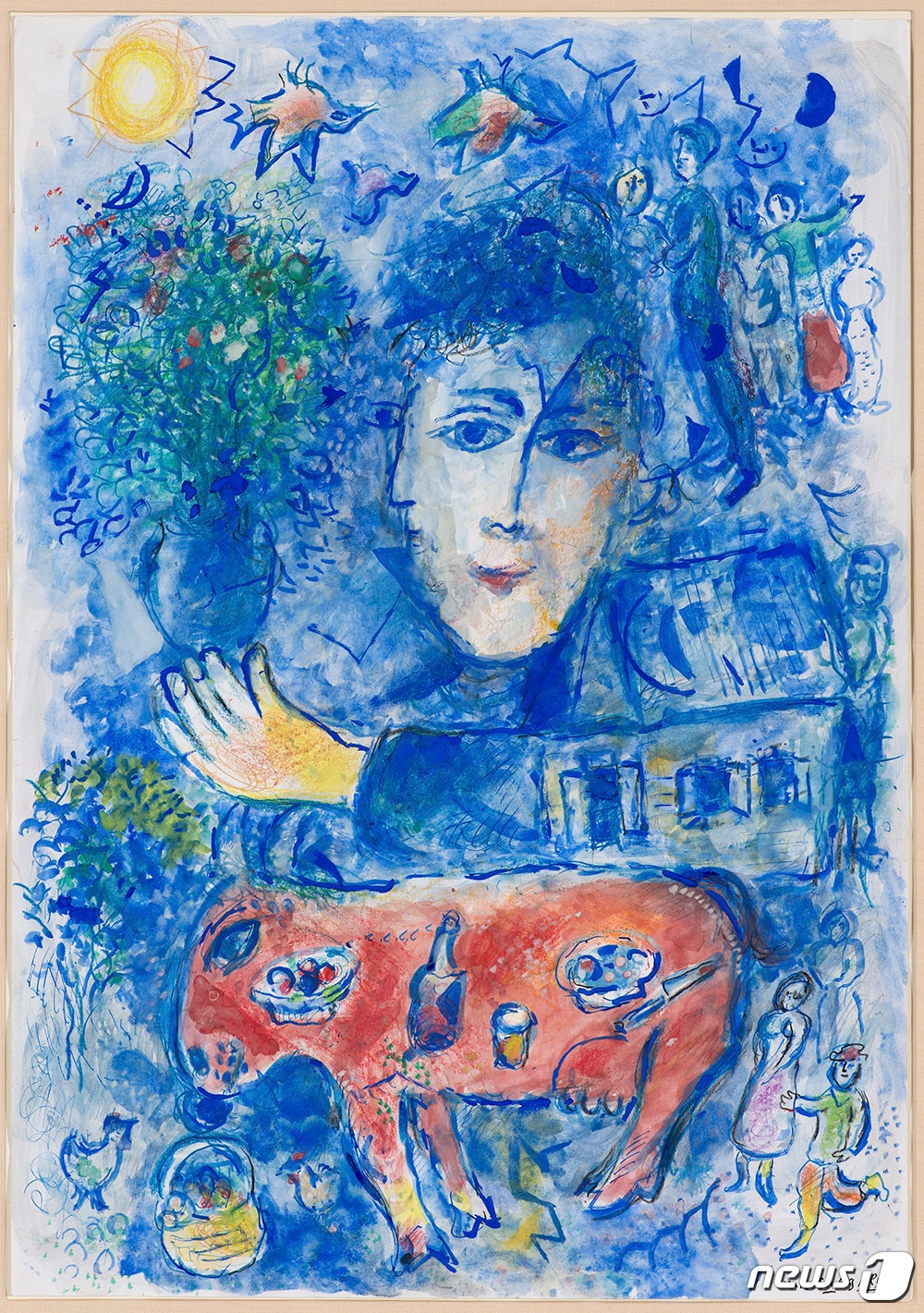 두개의 파란 옆모습 이중초상과 빨간 당나귀 Marc Chagall, Double profil bleu et &acirc;ne rouge (1980) gouache and pastel on paper, Private Collection ⓒ ADAGP, Paris - SACK, Seoul, 2018, Chagall(M컨템포러리 제공)