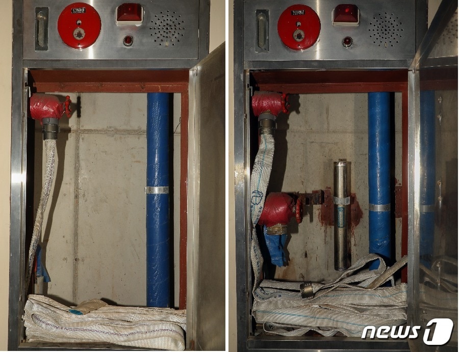 19일 오전 광주 광산구 한 아파트의 소화전이 소방호스와 연결돼 물을 내뿜는 장치인 관창이 없는 채로 있다. 일부는 소방 호스 일부도 잘려 있고(왼쪽) 일부는 관창만 사라졌다.2018.6.20/뉴스1 ⓒ News1 한산 기자