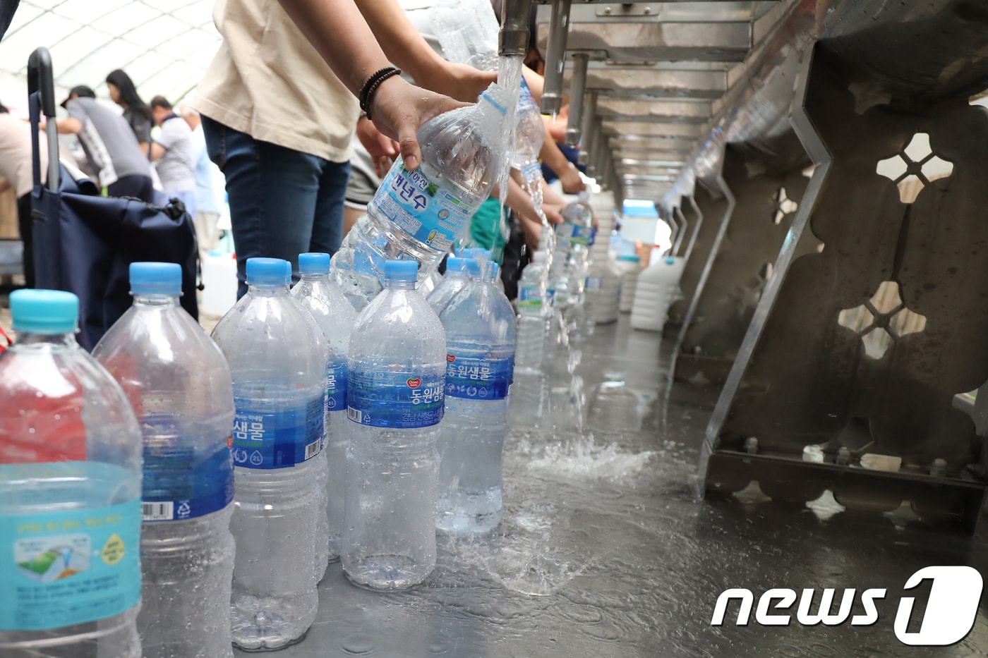 지난 6월24일 오후 대구 달성군 가창면 대림생수를 찾은 시민들이 가정에서 가지고 온 생수통에 물을 담고 있다. 1985년 옹달샘 형태로 발견된 대림생수는 지역의 한 기업에서 개발해 시민들에게 무료로 생수를 공급(오전 6시~오후 6시)하고 있다. 최근 대구 수돗물에서 미규제 유해화학물질이 검출된 사실이 알려진 후 주말 동안 수천명이 물을 받기 위해 이곳을 다녀갔다. 2018.6.24/뉴스1 ⓒ News1 공정식 기자