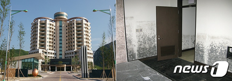 통일부가 공개한 금강산관광지구 남측 시설 중 '이산가족 면회소'. 정부가 소유하고 현대아산이 운영하는 이산가족 면회소는 2008년 7월 완공됐다. 지하 1층부터 지상12층, 객실 206실, 연회장 등으로 구성됐다. (통일부 제공) 2019.10.29/뉴스1