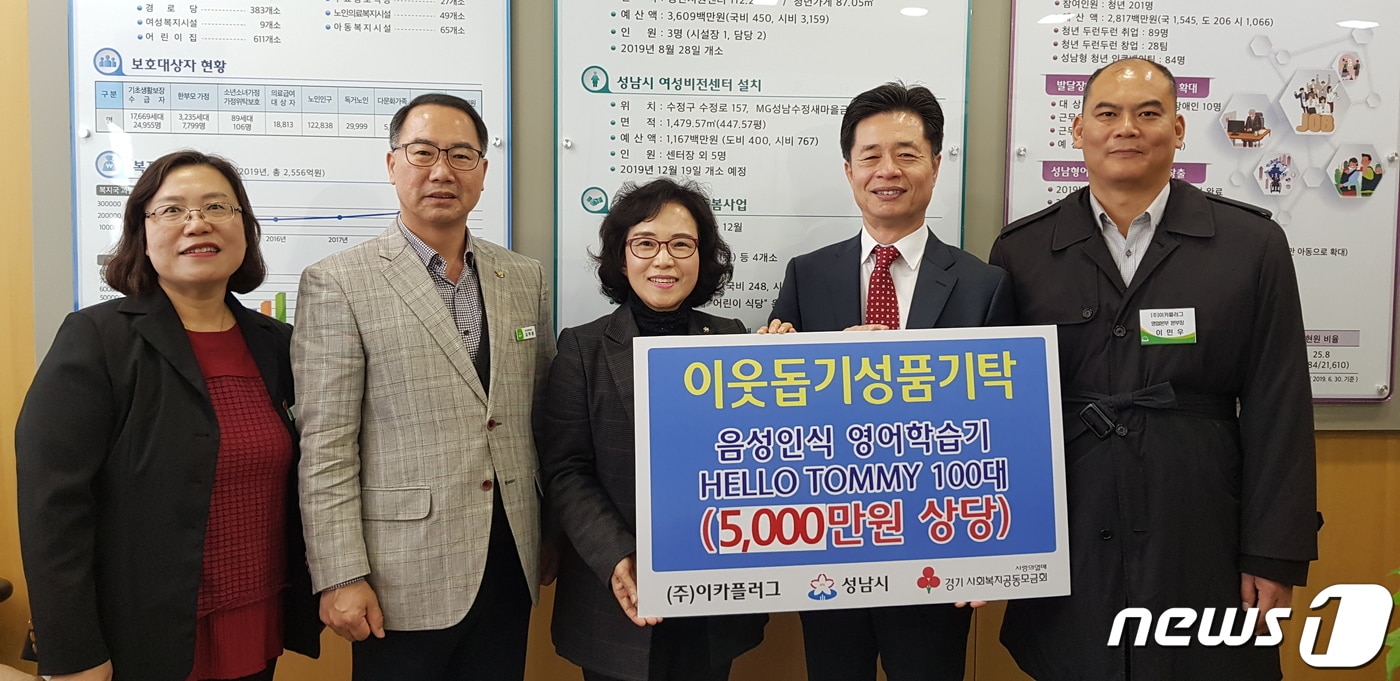 전기차 충전기 전문 제조업체 이카플러그가 5000만원 상당의 영어학습기를 성남시에 전달했다. ⓒ News1 김평석 기자