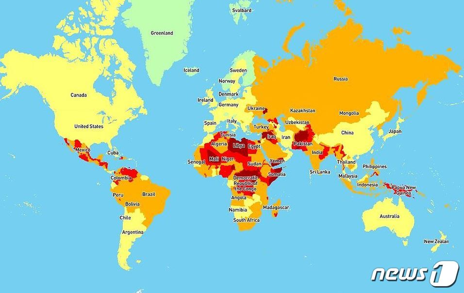 세계 위험 지역.  새이 짙은 곳일수록 안정성을 보장 못하는 곳이다. (인터내셔널 SOS) ⓒ 뉴스1