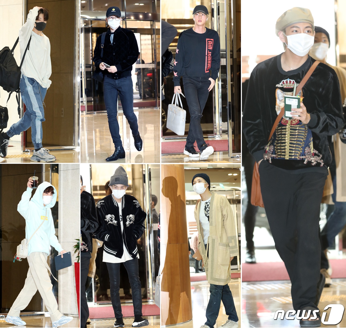 방탄소년단(BTS)이 공연차 5일 오후 김포국제공항을 통해 태국으로 출국하고 있다. 왼쪽위부터 시계방향으로 정국, 지민, 진, 뷔, RM, 슈가, 제이홉. 2019.4.5/뉴스1 ⓒ News1 권현진 기자