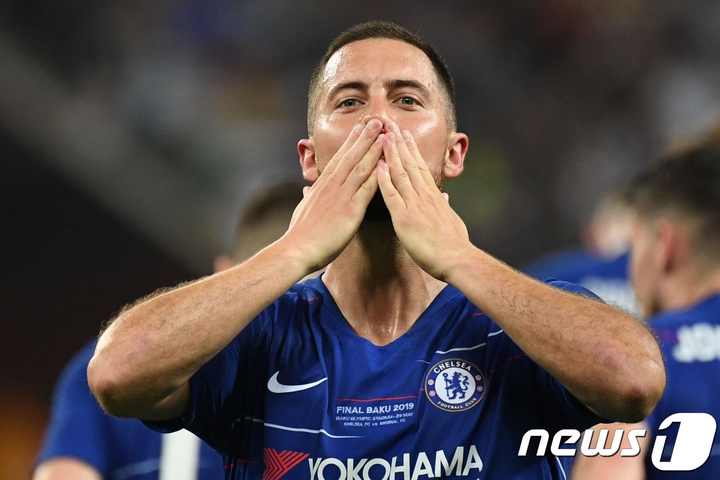 첼시의 에당 아자르가 지난달 30일(한국시간) 아제르바이잔 바쿠의 바쿠올림픽스타디움에서 열린 UEFA 유로파리그 결승서 골을 넣은 뒤기뻐하고 있다. ⓒ AFP=뉴스1 ⓒ News1 우동명 기자