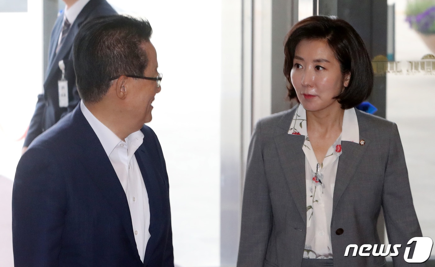 2019년 6월 19일 나경원 자유한국당 원내대표와 박지원 민주평화당 의원이 서울 여의도 국회 본청에 들어서며 이야기를 나누고 있다. 2019.6.19 ⓒ 뉴스1 이종덕 기자