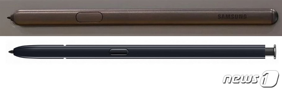 '에어 액션' 기능을 지원한다고 알려진 삼성갤럭시 탭S6의 S펜(위)과 갤럭시노트10에 제공되는 S펜 렌더링 이미지(아래) ⓒ 뉴스1