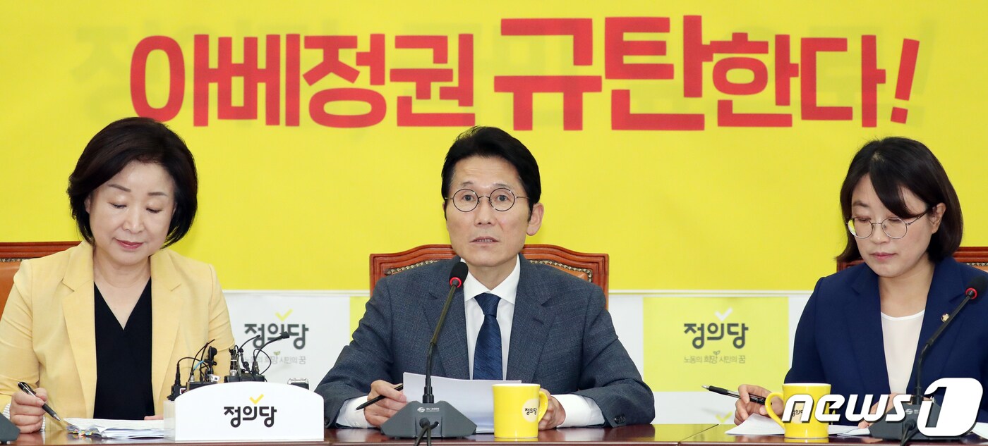 윤소하 정의당 원내대표(가운데)가 13일 서울 여의도 국회에서 열린 의원총회에서 모두발언을 하고 있다. 2019.8.13/뉴스1 ⓒ News1 김명섭 기자