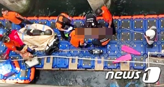 15일 낮 12시4분쯤 제주시 삼양1동 한국중부발전 제주화력발전소 앞 해상에서 물놀이를 하던 정모씨(38·서울)가 발전소 냉각용 취수구에 빨려 들어갔다는 신고가 119에 접수돼 신고를 받고 출동한 소방과 해경이 구조작업을 벌이고 있다.(제주도소방안전본부 제공) 2019.9.15 /뉴스1 ⓒ News1