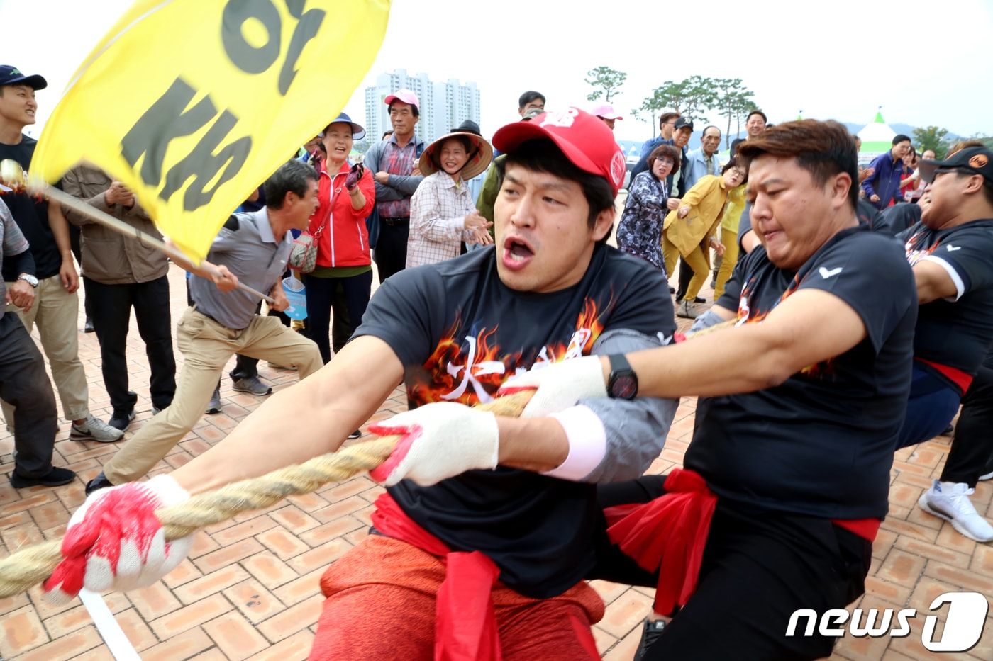 27일 경북 영천시 강변공원에서 열린 제46회 영천문화예술제에서 각 읍·면·동 대표들이 줄다리기 대회를 하고 있다. .2019.9.27/뉴스1 ⓒ News1 정우용 기자