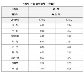 임시 서울 급행열차 시각표 &#40;제공=한국철도&#41;ⓒ 뉴스1