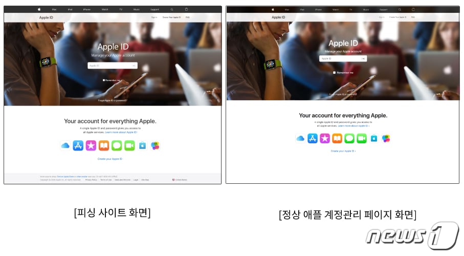 애플 계정관리 페이지로 위장한 가짜 사이트와 공식 애플 계정관리 페이지 비교. (안랩 제공)ⓒ 뉴스1