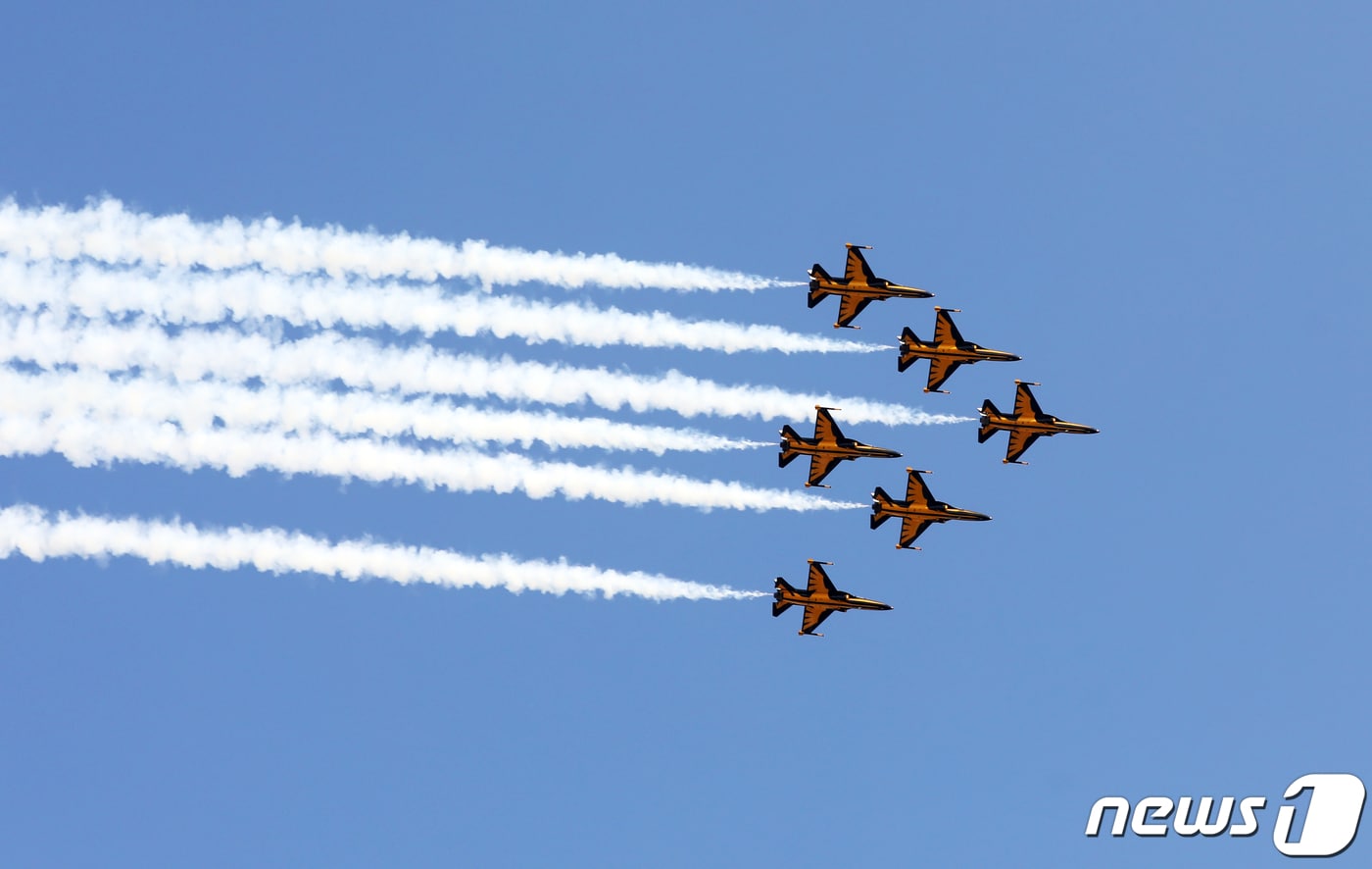 11일 오전 부산 남구 유엔기념공원에서 공군 특수비행팀인 블랙이글스가 '턴 투워드 부산, 유엔참전용사 국제 추모식'에서 곡예비행을 하고 있다. 2020.11.11/뉴스1 ⓒ News1 여주연 기자