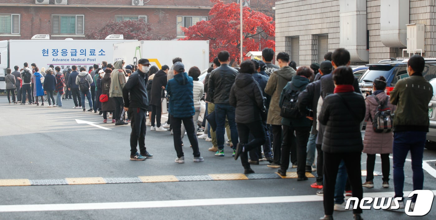 15일 오전 서울 중구 국립중앙의료원 신종 코로나바이러스 감염증(코로나19) 선별진료소에 시민들이 길게 줄 서 있다. /뉴스1 ⓒ News1 안은나 기자