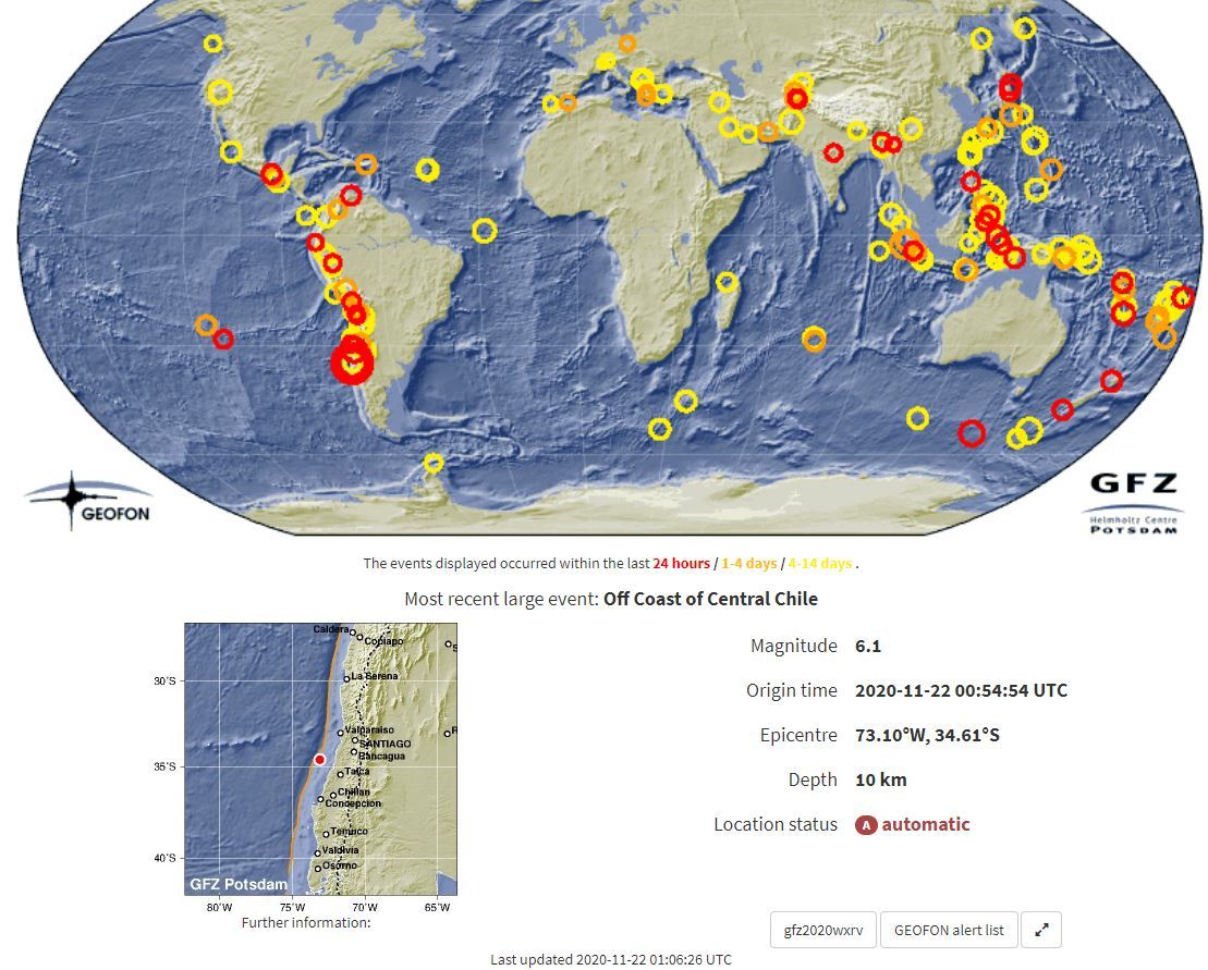 남아메리카 칠레 중부 해안에서 규모 6.1 지진이 발생했다. <출처=포츠담독일연방지질연구원>