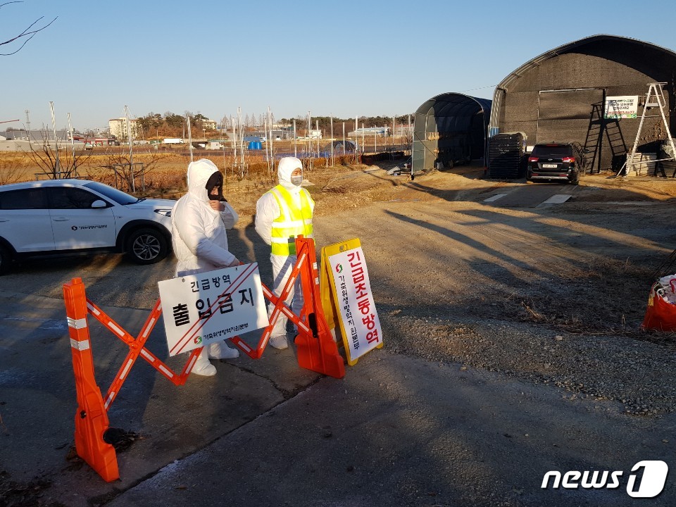 충남 천안에서 AI가 검출돼 농장입구에 방역초소를 설치하고 있다.ⓒ 뉴스1
