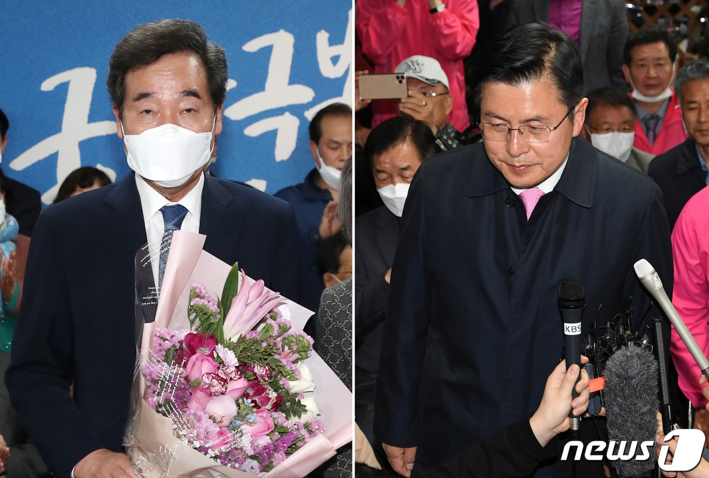 이낙연 더불어민주당 서울 종로구 국회의원 후보가 15일 선거사무소 상황실에서 당선을 확정짓자 꽃다발을 들고 있다(왼쪽 사진). 오른쪽은 낙선인사하는 황교안 미래통합당 후보. 2020.4.15/뉴스1 ⓒ News1 허경 기자,이승배 기자