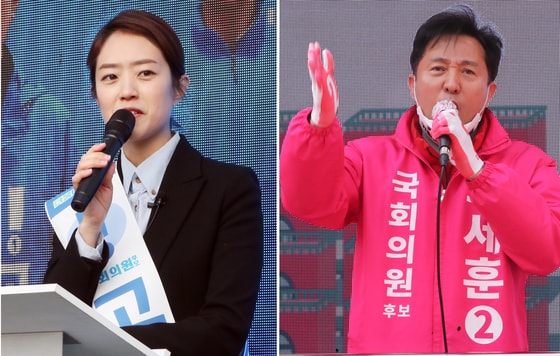 더불어민주당 광진을 고민정(왼쪽), 미래통합당 광진을 오세훈 후보가 4·15 총선 공식 선거운동 개시일인 2일 서울 광진구 자양사거리에서 열린 유권자의 지지를 호소하고 있다. ⓒ News1 허경 기자