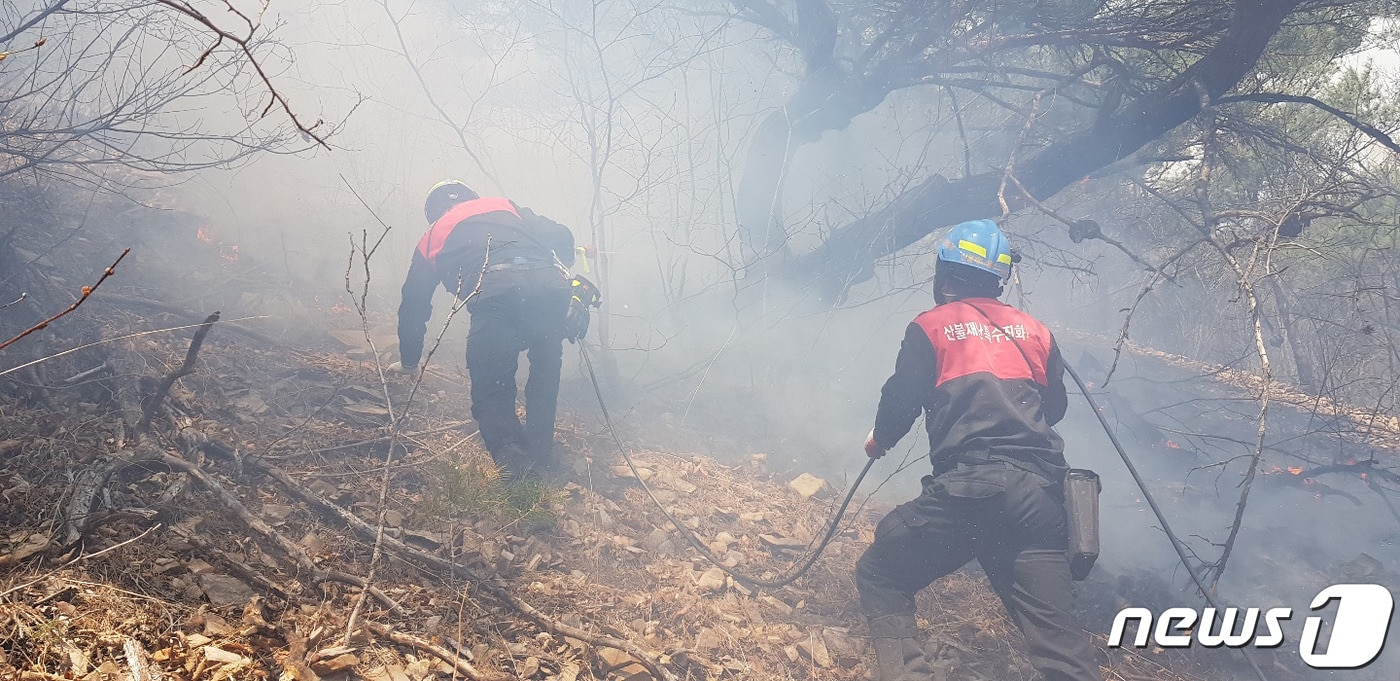 남부지방산림청 산불 재난특수진화대원들이 8일 경북 청송군 파천면 옹점리 국유림에서 발생한 산불 진화 작업을 벌이고 있다. (남부지방산림청제공)2020.4.8ⓒ 뉴스1