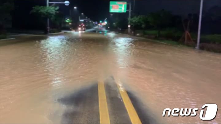30일 오전 0시50분쯤 부산 기장군 기장읍 시랑리 동암마을 입구 도로가 호우로 침수된 모습.(부산소방재난본부 제공) /ⓒ 뉴스1