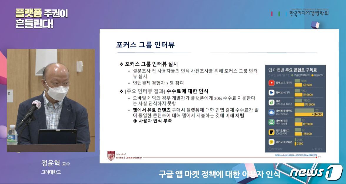 &#39;구글의 앱 마켓 정책 변경과 로컬 생태계&#39; 세미나에서 발표를 맡은 정윤혁 고려대 교수.&#40;캡처&#41;ⓒ 뉴스1