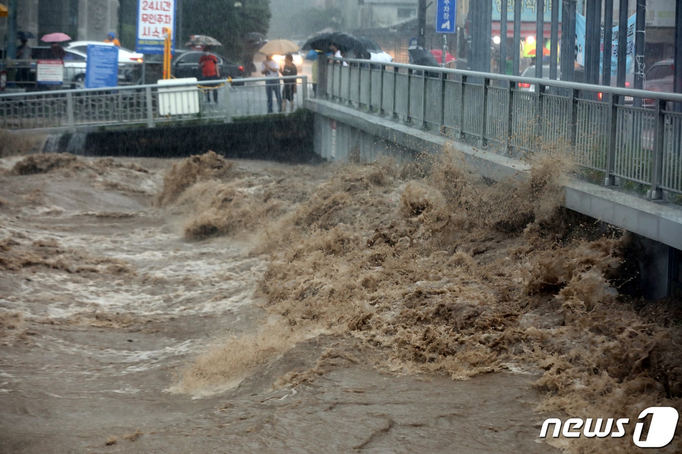 광주지역에 호우경보가 내려진 7일 오후 광주 서구 양동에서 광주천 물이 양동교로 범람하고 있다.2020.8.7/뉴스1 ⓒ News1 황희규 기자