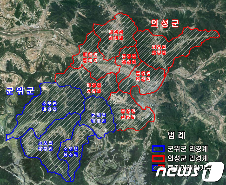대구경북 통합신공항 이전 예정지와 인근지역(63.5㎢)에 대해 9월 7일까지 5년간 토지거래허가 구역으로 정한 지역. ⓒ News1 김대벽 기자