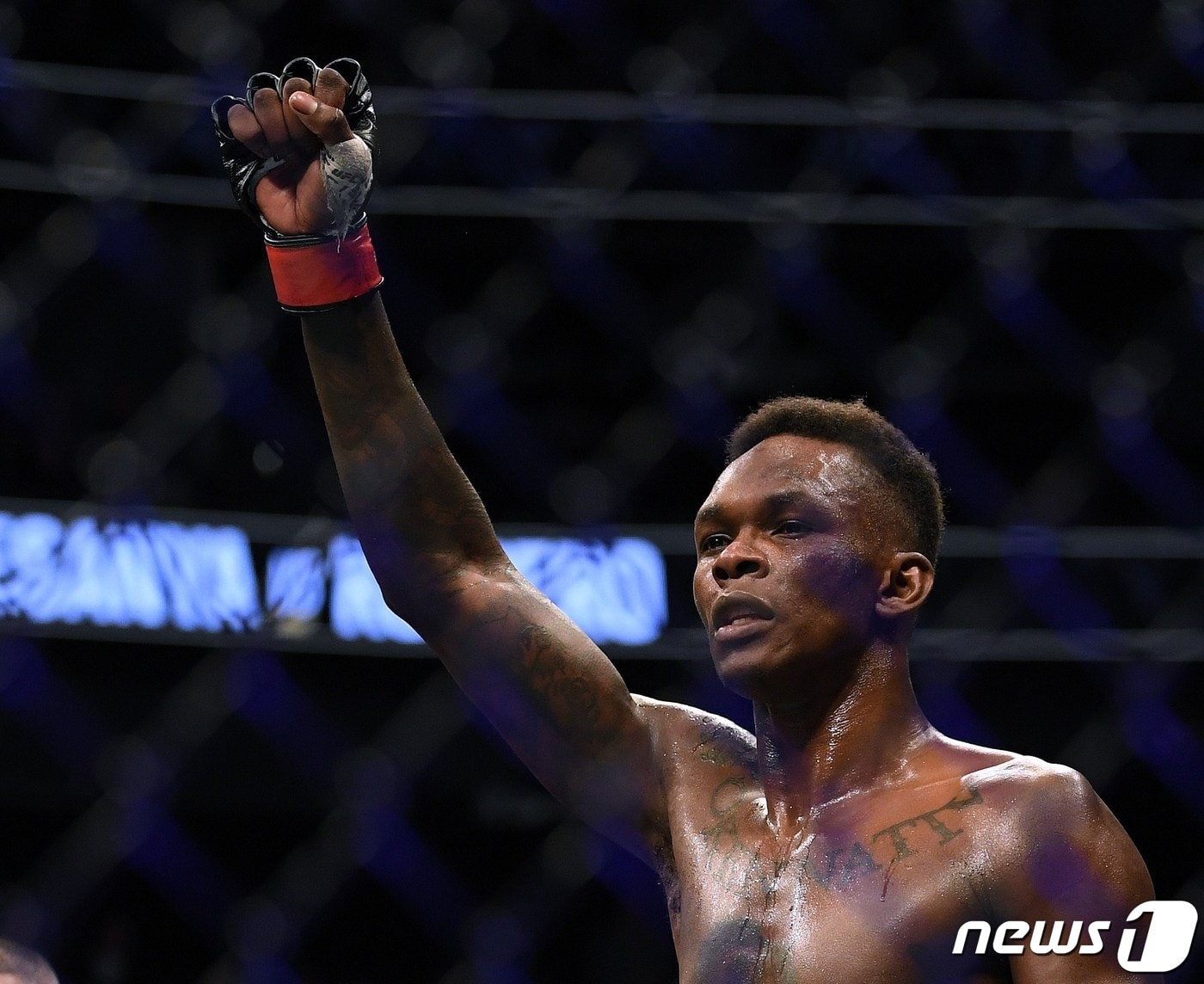 UFC 미들급 챔피언 타이틀 방어에 성공한 이스라엘 아데산야(나이지리아) ⓒ AFP=뉴스1