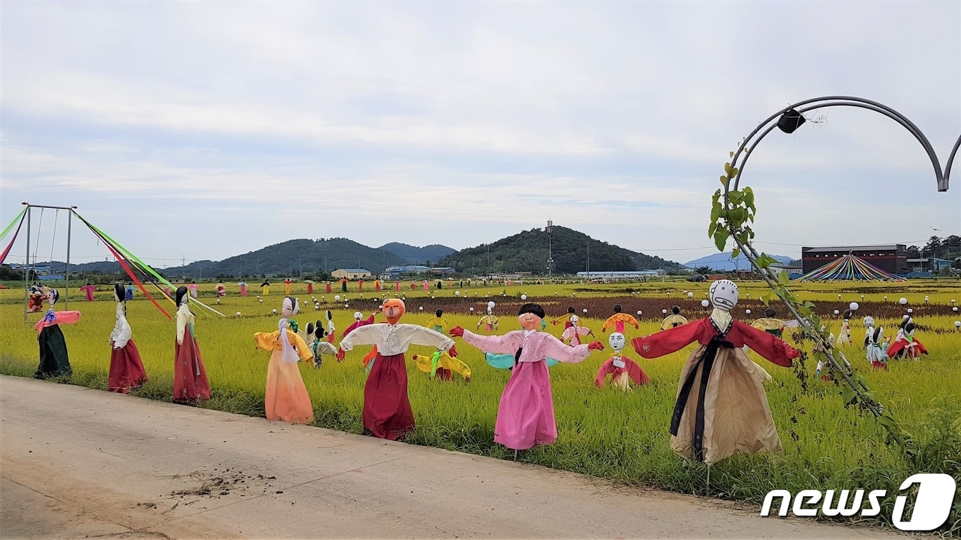 29일 전남 순천시 별량면 들녘에 여러가지 모양의 논 그림과 500여개의 허수아비가 세워져 지나는 이들의 눈길을 끌고 있다.(순천시 제공)2020.9.29 /뉴스1 ⓒ News1