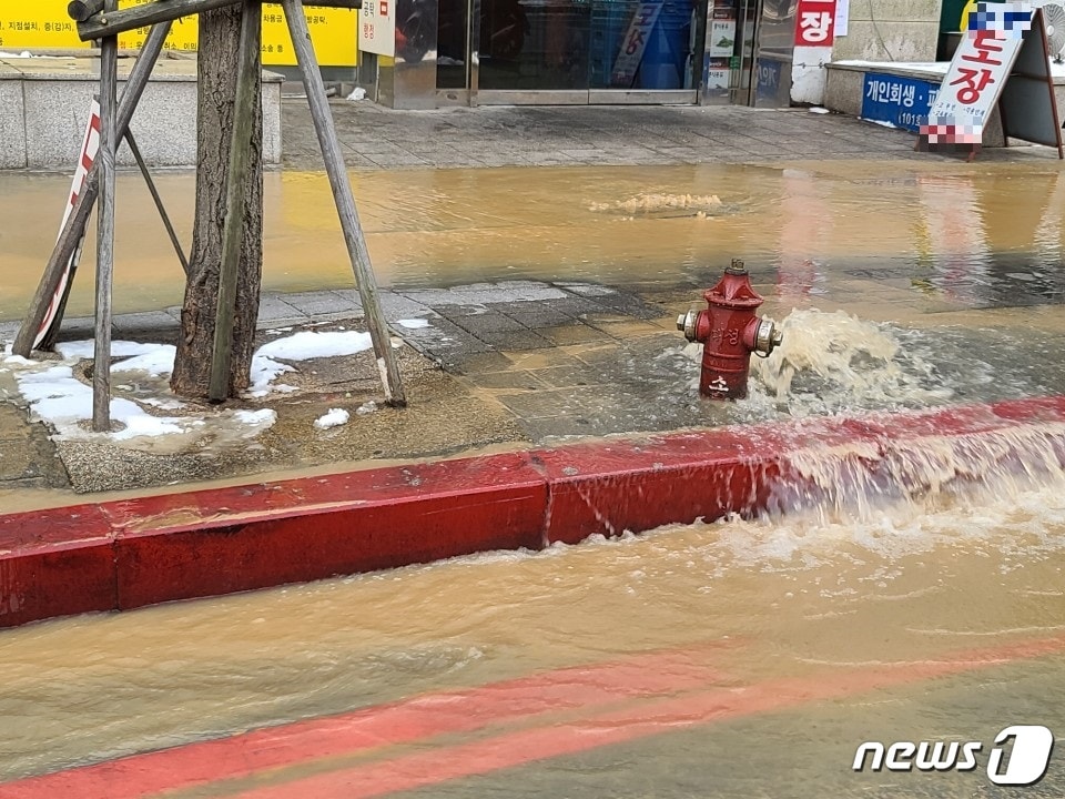 11일 오전 9시께 대전 서구 둔산동 대전지방법원 맞은편 도로에 매설된 상수도관이 터져 때 아닌 물난리가 일어났다. ⓒ 뉴스1