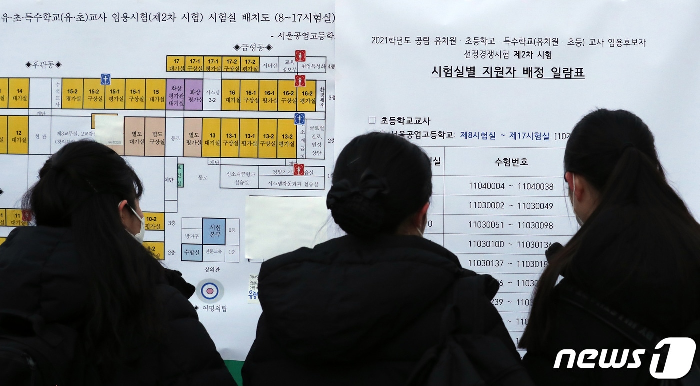 2026학년도 대구 공·사립 중등교사 임용 1차 시험이 오는 22일 실시된다. 사진은 2021년 1월 서울공업고등학교에서 열린 2021학년도 서울특별시 공립 유치원·초등학교·특수학교(유치원 ·초등) 교사 임용후보자 선정경쟁 제2차 시험에서 응시생들이 배치표를 확인하는 모습. 2021.1.13/뉴스1 ⓒ News1 자료 사진