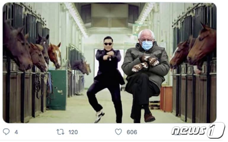 버니 샌더스 미 상원의원의 조 바이든 대통령 취임식 당시 모습이 가수 싸이의 '강남스타일' 뮤직비디오 한 장면에 합성된 '밈'. 트위터 게시물 갈무리. ⓒ 뉴스1