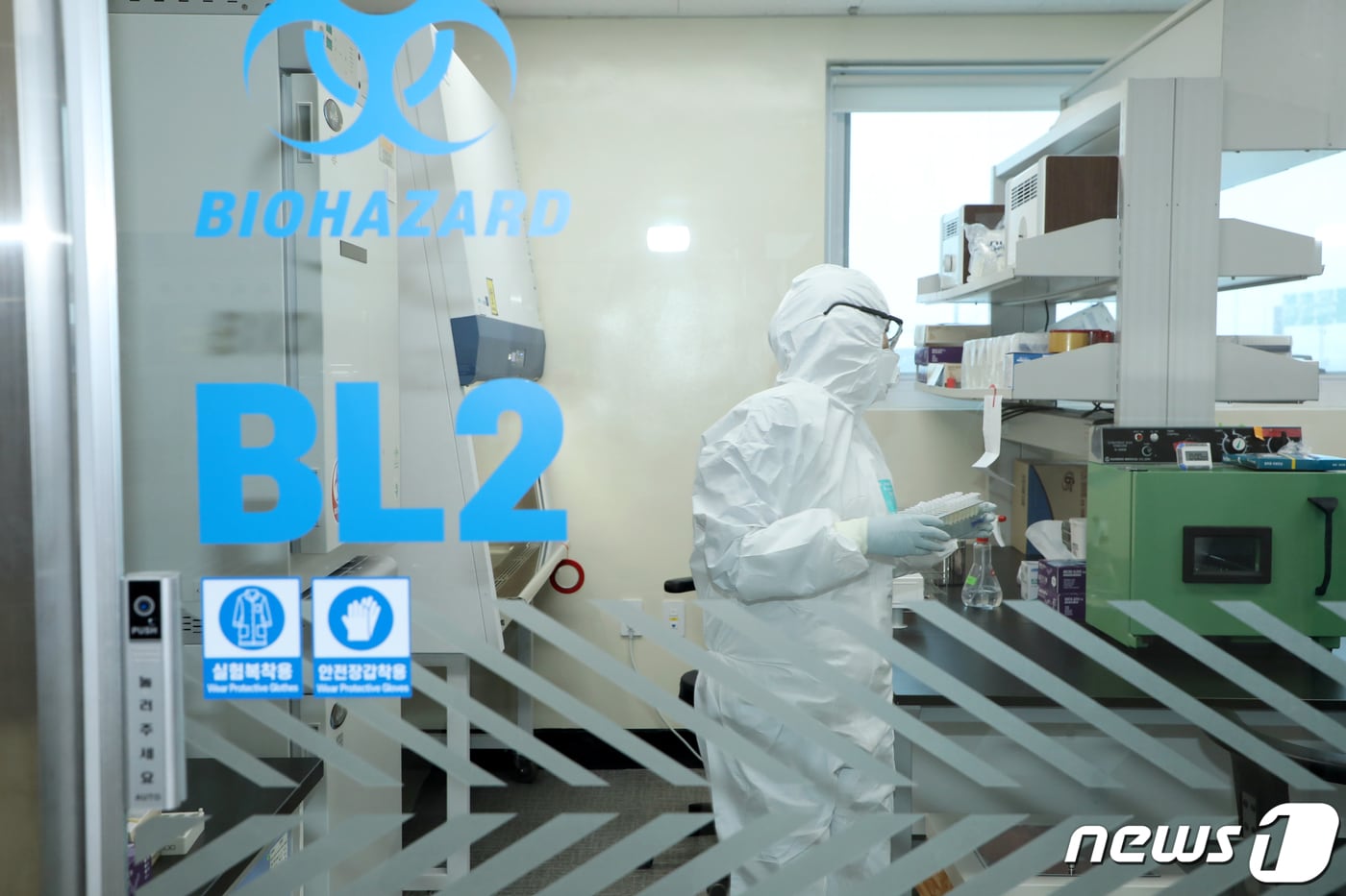 지난 4일 오후 광주 서구 유촌동 광주시보건환경연구원 생물안전 2듭급(BL-2) 실험실에서 방호복을 입은 연구원이 코로나19 검사를 진행하고 있다.2020.1.4/뉴스1 ⓒ News1 허단비 기자