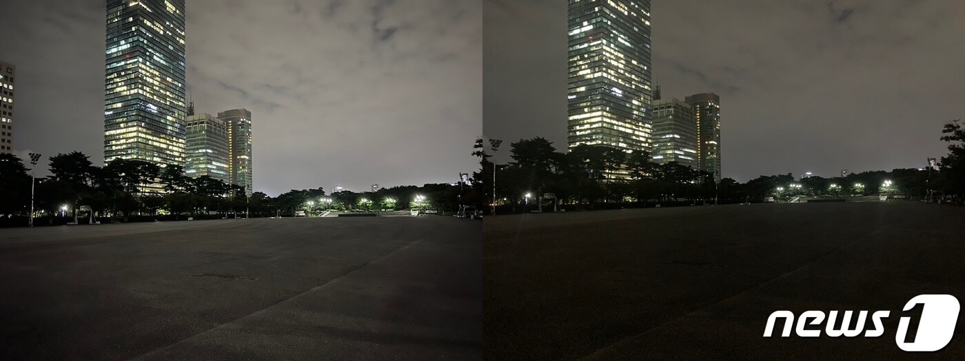 아이폰13과 아이폰XS 저조도 촬영 사진 비교. 왼쪽이 아이폰13으로 촬영한 사진이고 오른쪽이 아이폰XS로 촬영한 사진이다.ⓒ 뉴스1