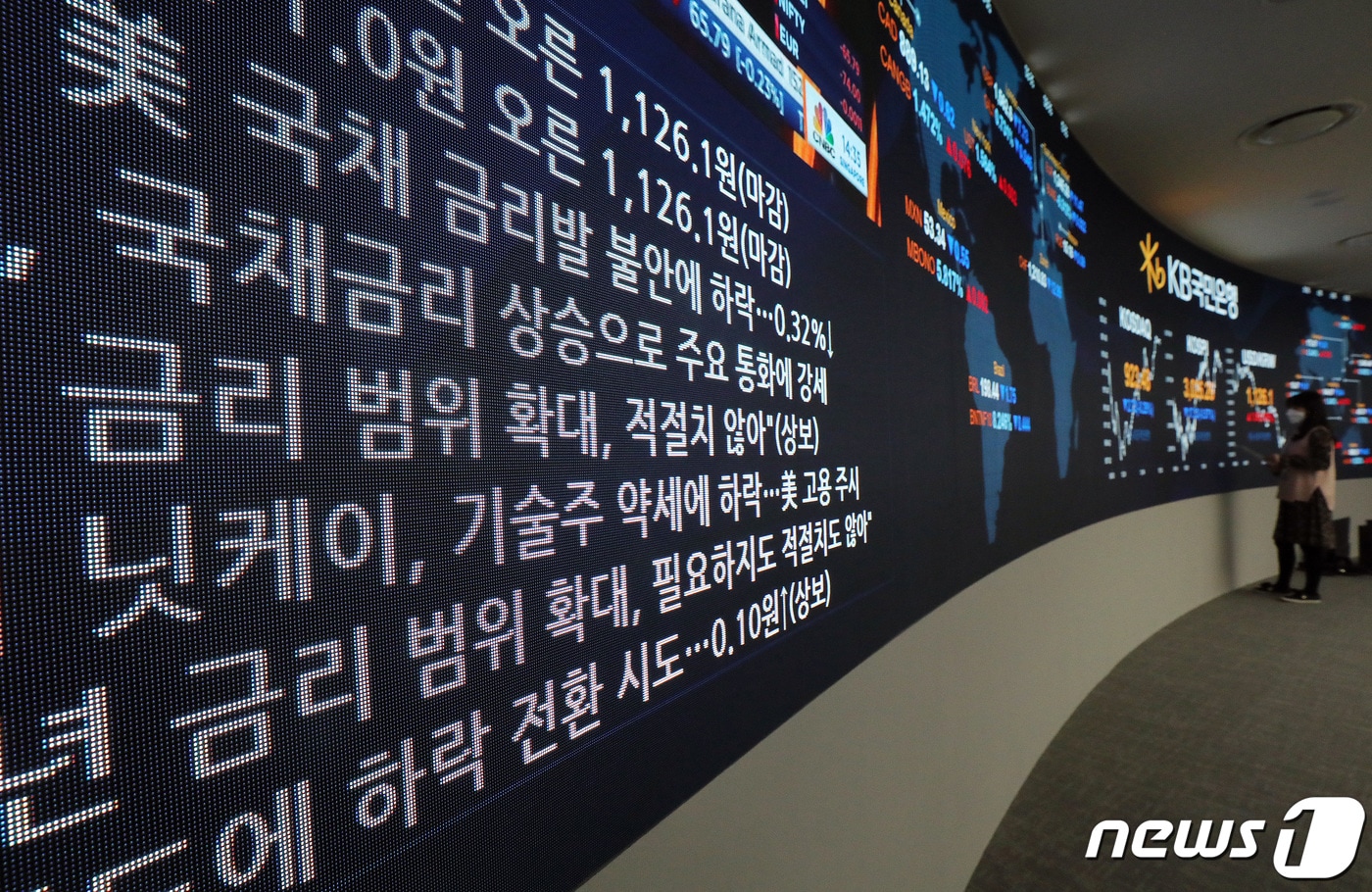5일 오후 서울 영등포구 KB국민은행 여의도지점 딜링룸 전광판에 미국 국채 금리발 불안에 한국을 비롯한 아시아 증시가 하락 마감했다는 뉴스가 나오고 있다. 2021.3.5/뉴스1 ⓒ News1 박세연 기자