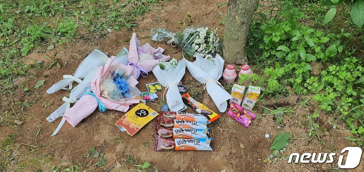 지난 12일 극단적인 선택을 한 청주 여중생 2명이 처음 발견된 곳에 국화 꽃다발 등이 놓여있다.2021.5.14/ⓒ 뉴스1 조준영 기자