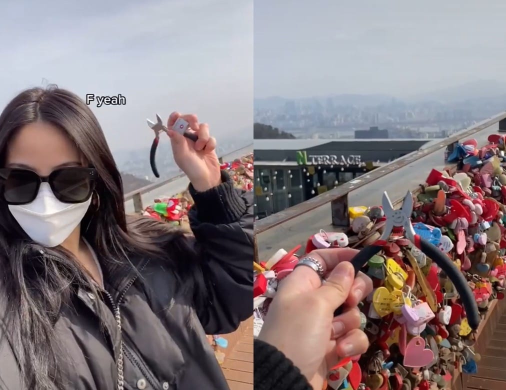 2년 전 달았던 '사랑의 자물쇠'를 제거하기 위해 남산타워를 다시 방문한 틱톡커. (틱톡 갈무리) ⓒ 뉴스1
