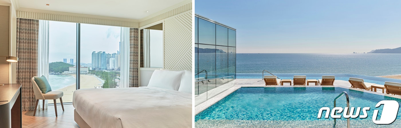 그랜드 조선 부산이 '딥 인 러브' 로맨틱 허니문 패키지를 선보인다. 왼쪽부터 이그제큐티브 스위트 객실, 헤븐리 풀 (그랜드 조선 부산 제공) ⓒ 뉴스1