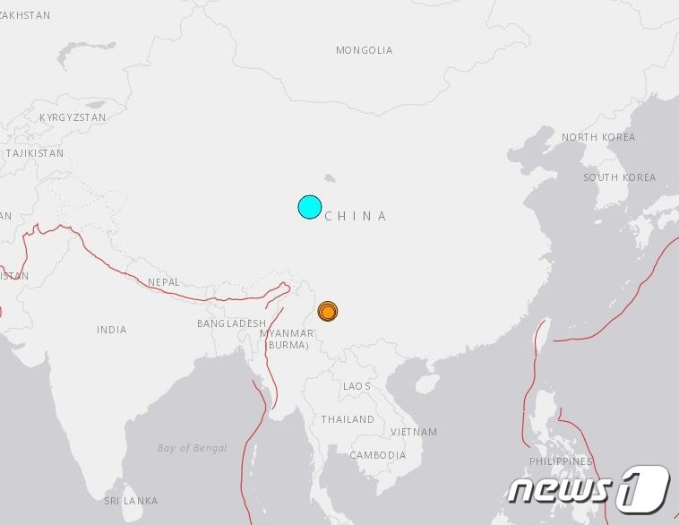 중국 칭하이성에서 규모 7.3 지진이 발생했다. <출처=미 지질조사국> ⓒ 뉴스1