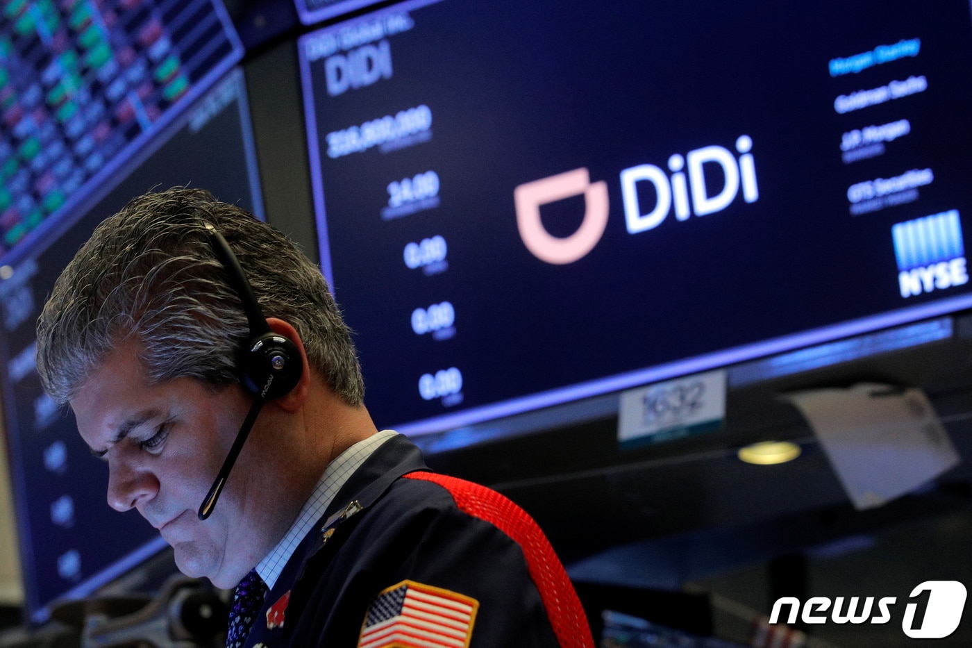 6월 30일 뉴욕증시에 상장한 디디추싱. 전광판에 디디라는 티커가 보인다. ⓒ 로이터=뉴스1 ⓒ News1 박형기 기자
