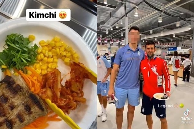 일본 선수촌 식당에서 제공되는 김치(왼쪽 사진). 테니스 세계 랭킹 1위 노박 조코비치(오른쪽 사진의 오른쪽)가 일본 선수촌에서 채식을 즐기고 있다. (틱톡 갈무리) ⓒ 뉴스1 ⓒ 뉴스1
