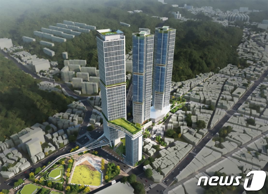 경북 포항시가 옛 포항역지구에서 포항역지구 도시개발사업 착공식을 갖고 본격 공사에 착수했다. 사진은 옛 포항역 지구에 들어설 69층 초고층 아파트 조감도. (포항시 제공)2021.9.14/ⓒ 뉴스1