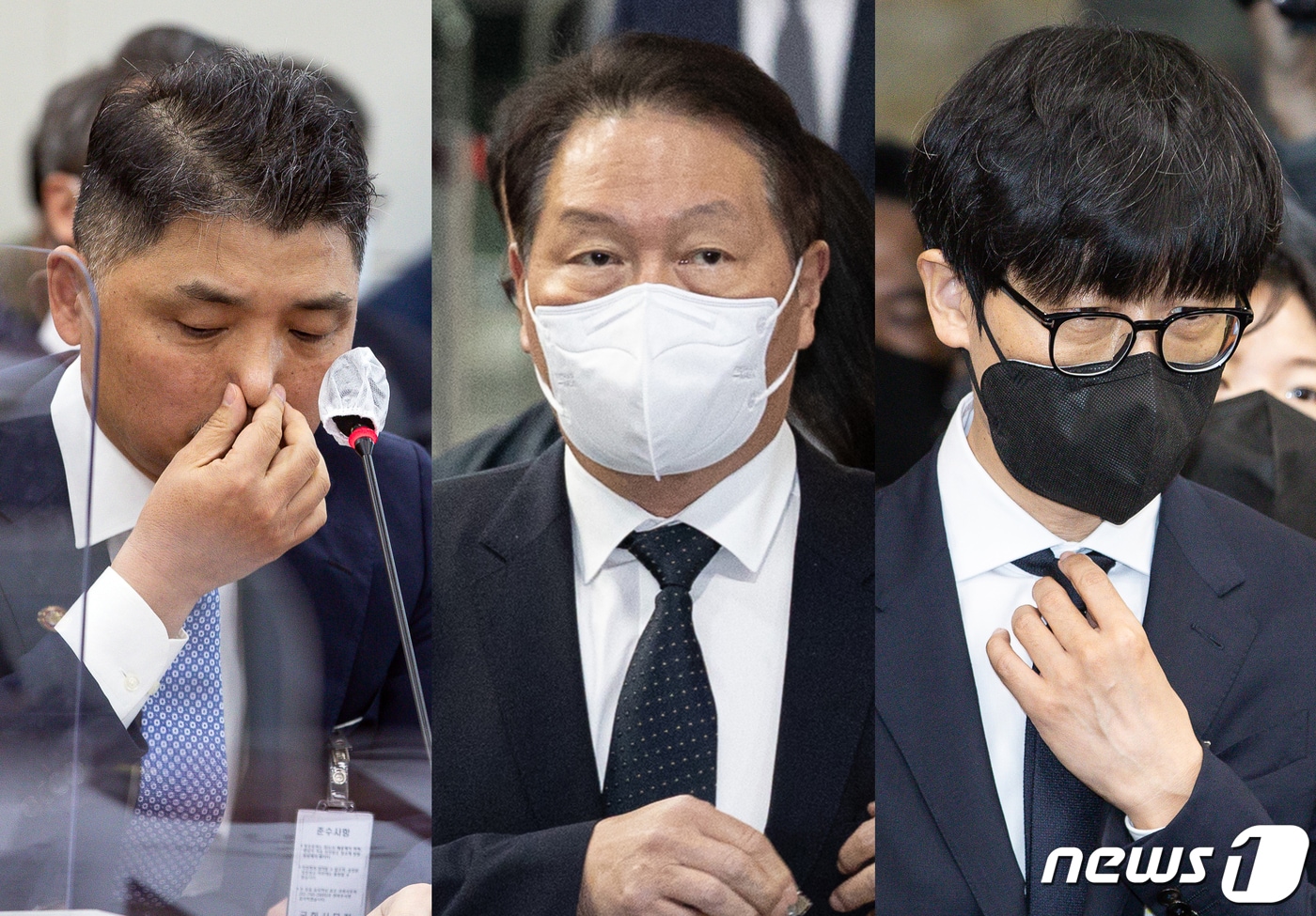 국회 과방위에 출석한 김범수 카카오 미래이니셔티브센터장(왼쪽부터), 최태원 SK 회장, 이해진 네이버 글로벌투자책임자(GIO). 2022.10.24/뉴스1 ⓒ News1 이재명 기자