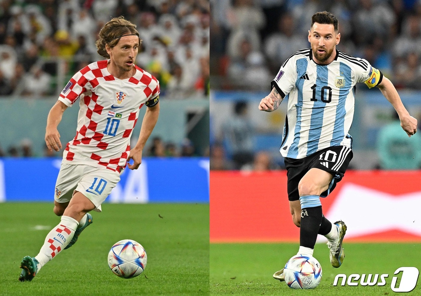 아르헨티나 소속 '축구의 신' 리오넬 메시(오른쪽, 파리 생제르맹)와 크로아티아 소속 '천재 미드필더' 루카 모드리치(레알 마드리드)가 2022 카타르 월드컵 우승컵을 거머지기 위한 맞대결을 펼친다. ⓒ AFP=뉴스1 ⓒ News1 이유진 기자