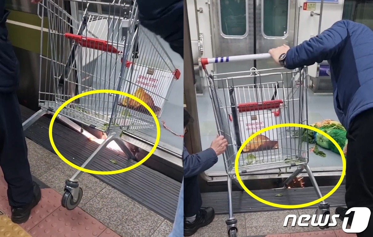 서울지하철 7호선 노원역에서 열차와 승강장 사이에 쇼핑카트가 낀 모습. (인스타그램 갈무리)